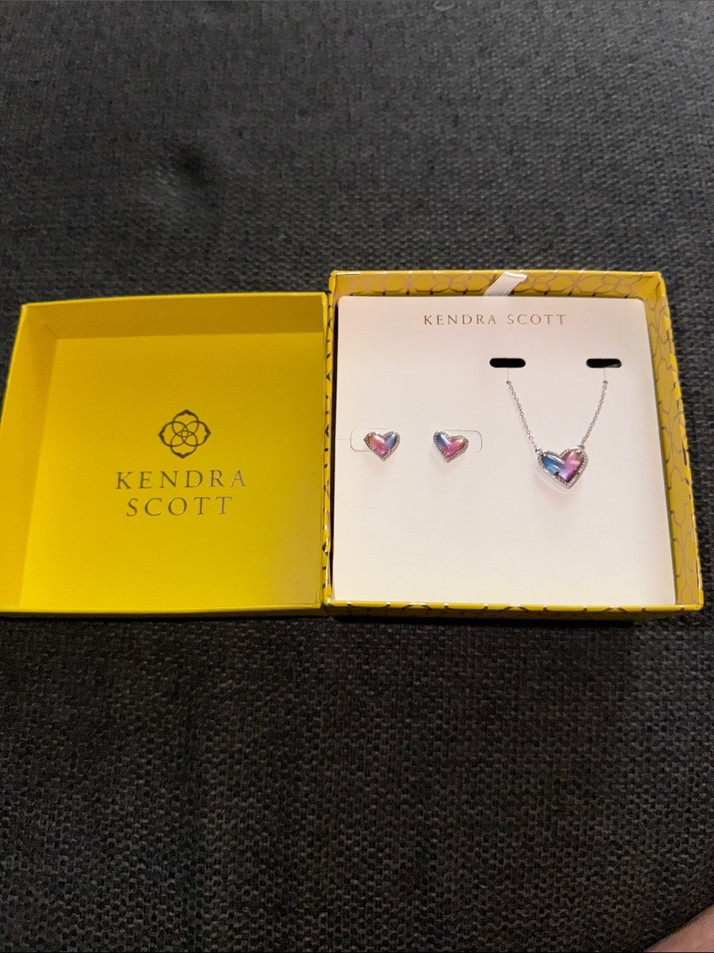 Kendra Scott Iridescent Pink & Blue Heart Necklace and Earrings